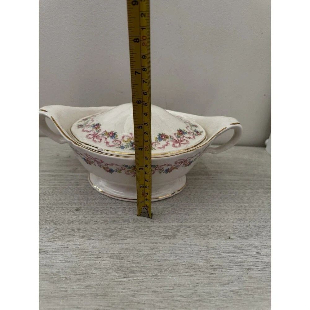 Vintage Edwin M Knowles Covered Vegetable Bowl Pink Roses Gold Trim